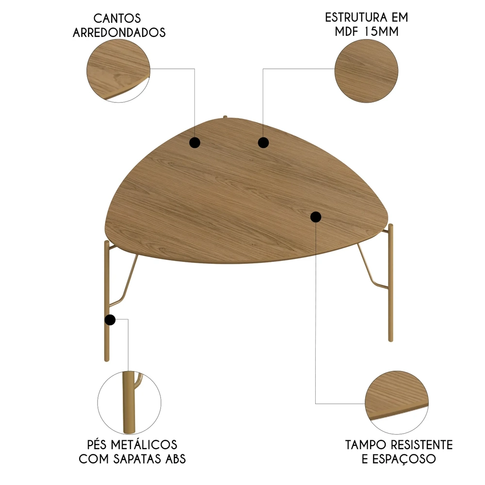 Mesa de Centro Baixa Para Sala Pés Metálicos Blen Louro/Dourado I06 - Mpozenato