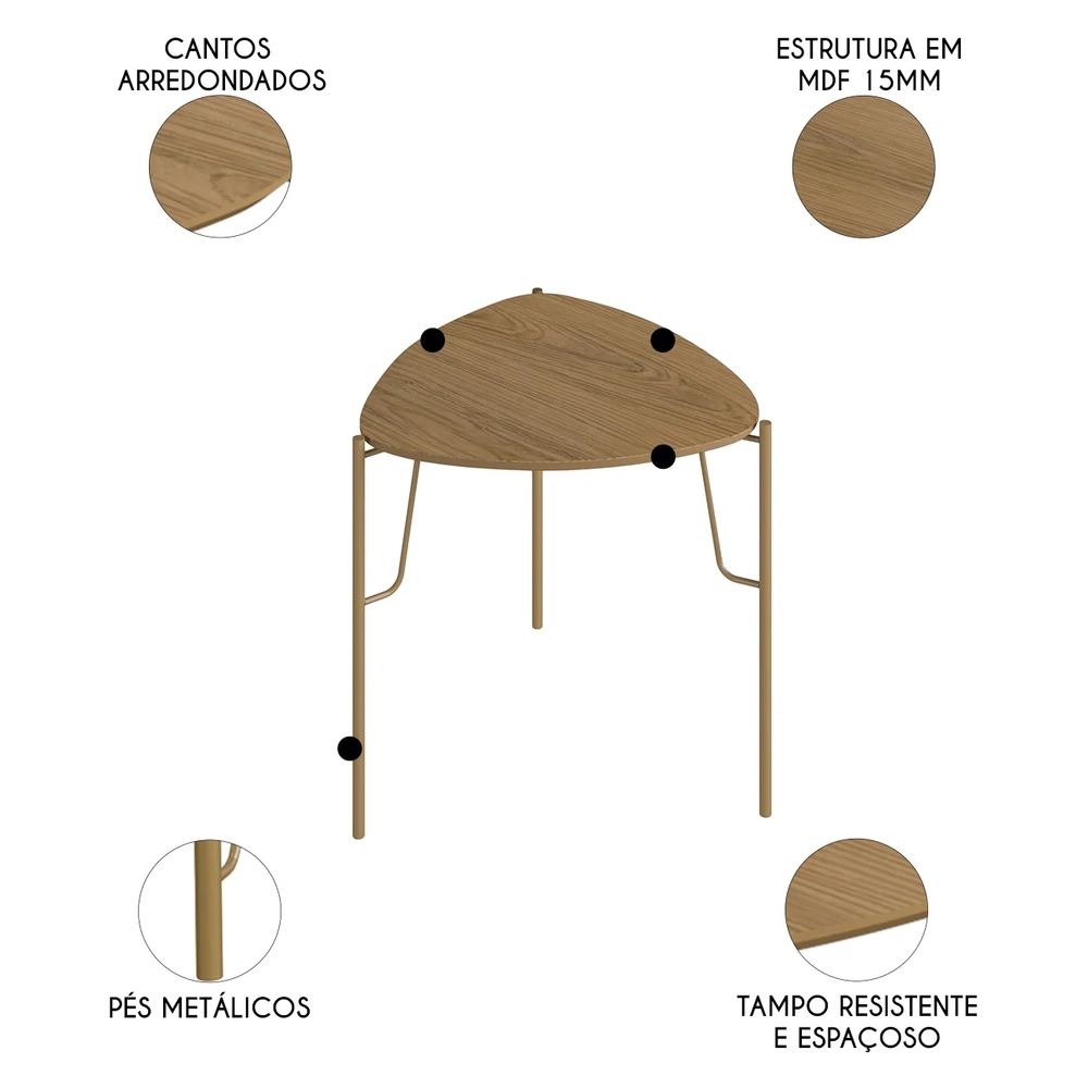 Mesa Lateral Para Sala Pés Metálicos Kit 2 Blen Louro/Dourado I06 - Mpozenato