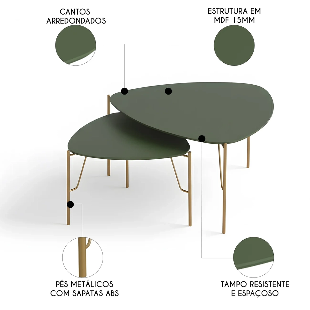 Mesa de Centro Para Sala Pés Metálicos Kit 2 Blen Musgo/Dourado I06 - Mpozenato