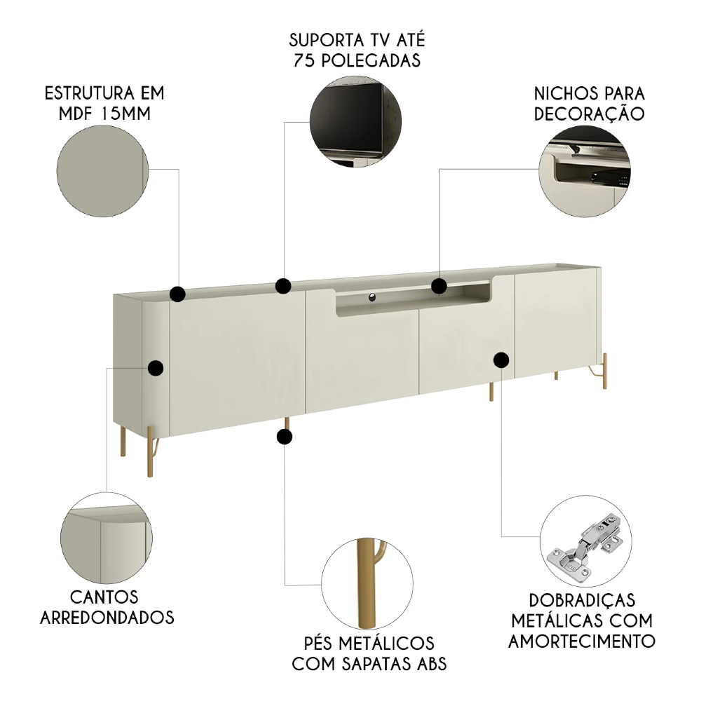Rack TV 75 Pol 220cm 4 Portas Lisas Blen Luna/Dourado I06 - Mpozenato