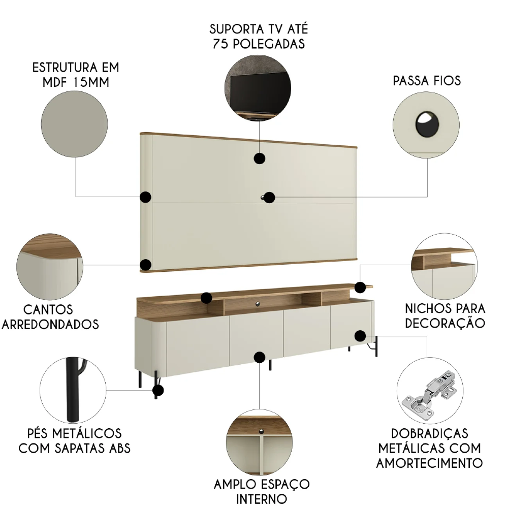 Painel TV 75 Pol e Rack Sala Porta Lisa Blen Louro/Luna/Preto I06 - Mpozenato