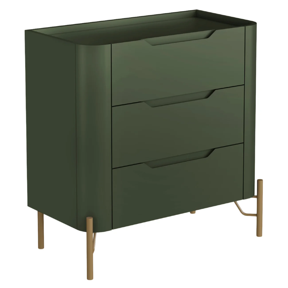 Mesa Cabeceira Quarto 68cm 3 Gavetas Blen Musgo/Dourado I06 - Mpozenato