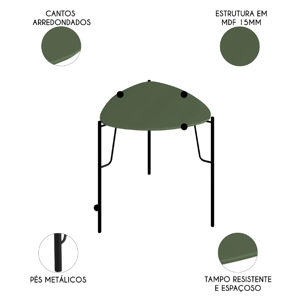 Mesa Lateral Baixa Para Sala Pés Metálicos Blen Musgo/Preto I06 - Mpozenato