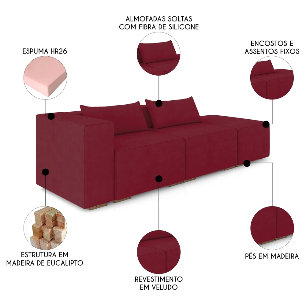 Sofá 5 Lugares 343cm Com Puff Direito Fay Veludo Bordo Z55 - Mpozenato