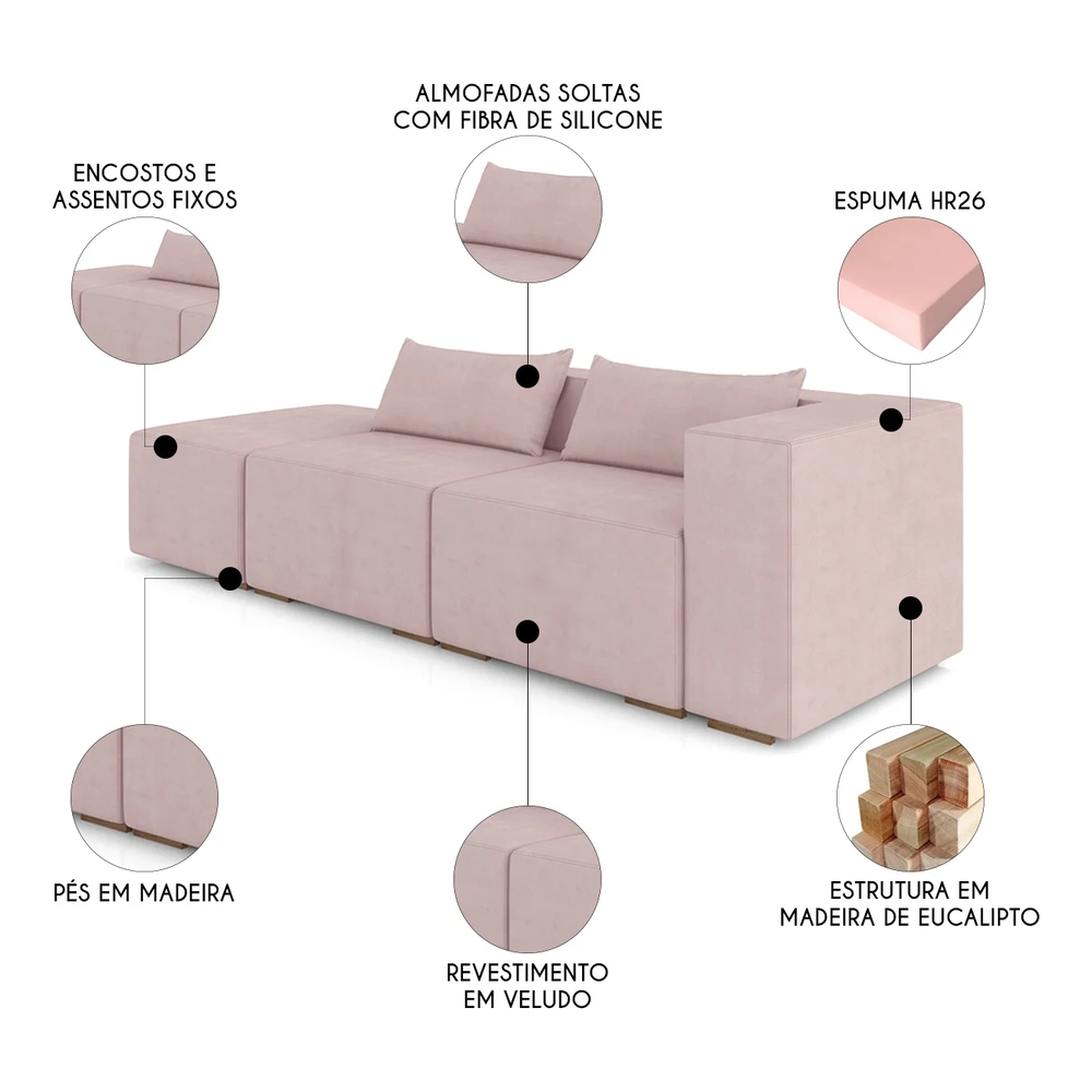 Sofá 4 Lugares 323cm Com Puff Esquerdo Fay Veludo Rose Z55 - Mpozenato