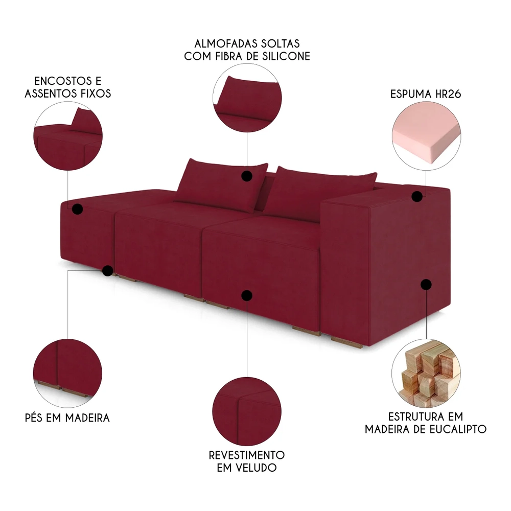 Sofá 4 Lugares 283cm Com Puff Esquerdo Fay Veludo Bordo Z55 - Mpozenato