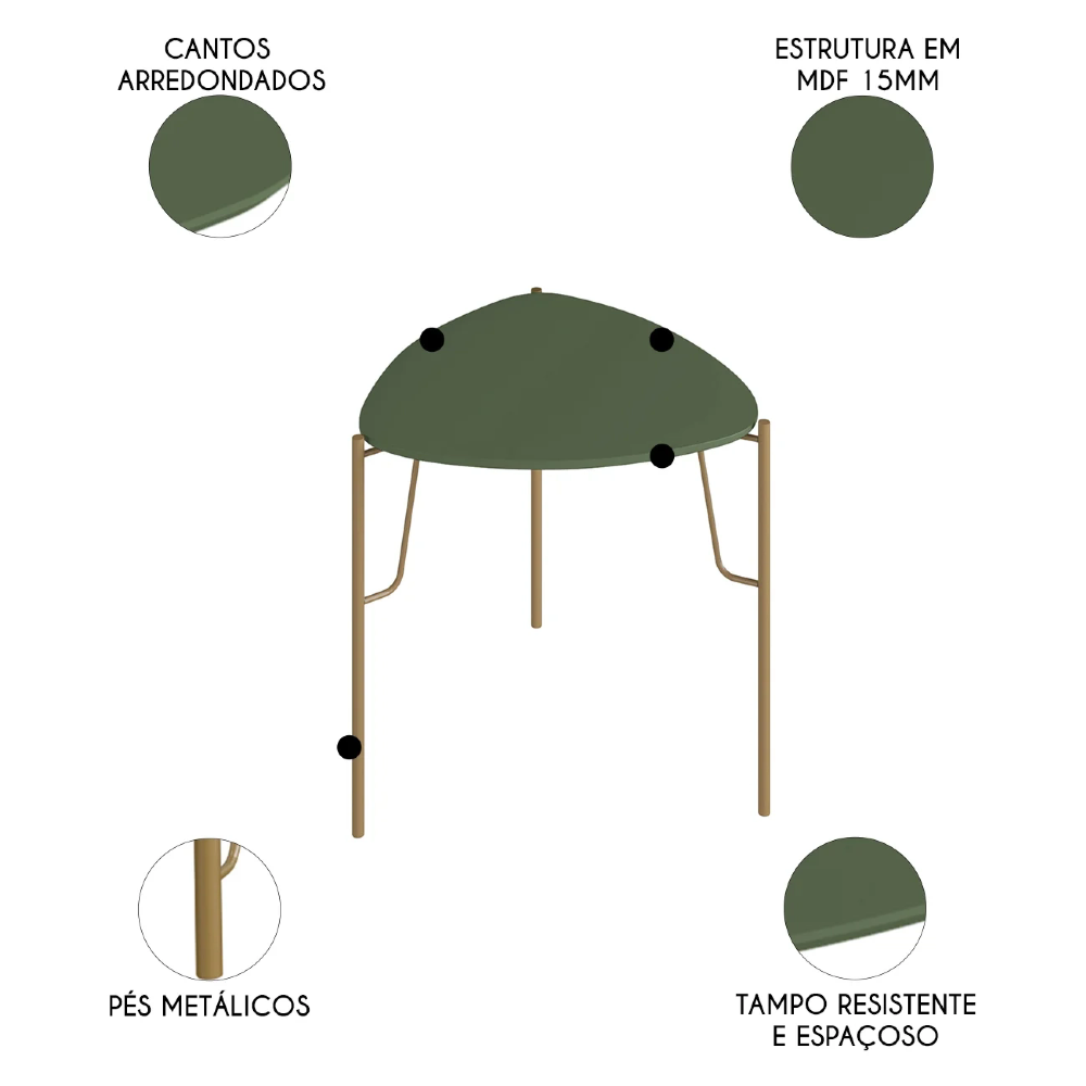 Mesa Lateral Baixa Para Sala Pés Metálicos Blen Musgo/Dourado I06 - Mpozenato
