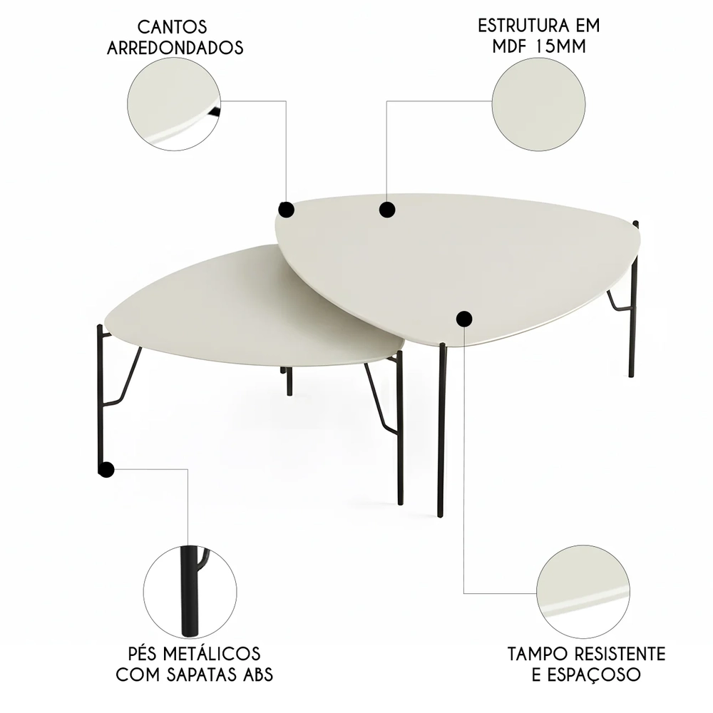 Mesa de Centro Para Sala Pés Metálicos Kit 2 Blen Luna/Preto I06 - Mpozenato