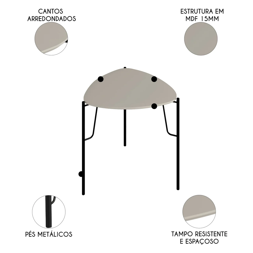 Mesa Lateral Para Sala Pés Metálicos Kit 2 Blen Grigio/Preto I06 - Mpozenato