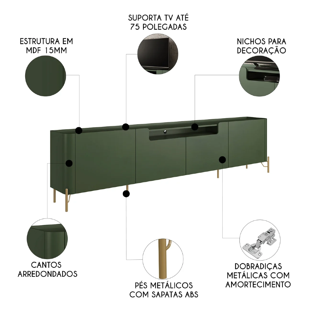 Rack TV 75 Pol 220cm 4 Portas Lisas Blen Musgo/Dourado I06 - Mpozenato