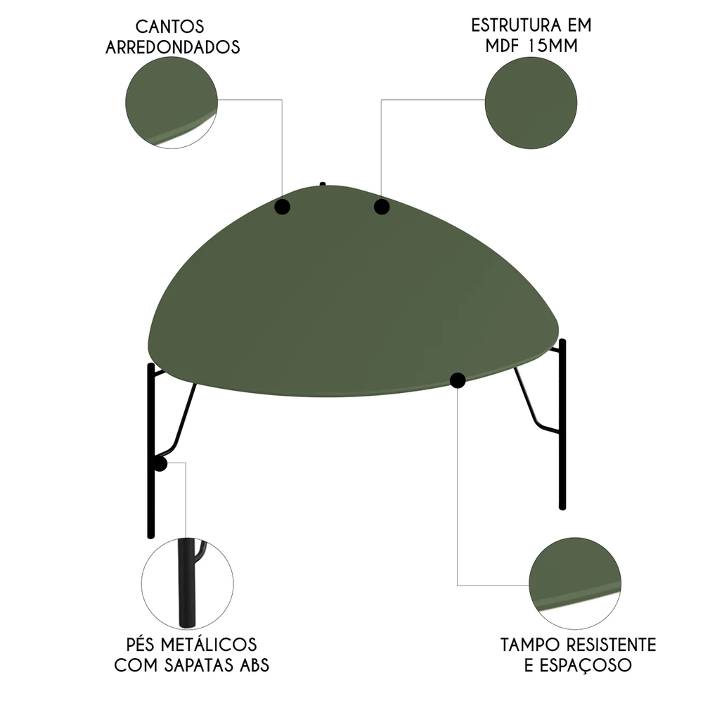 Mesa de Centro Alta Para Sala Pés Metálicos Blen Musgo/Preto I06 - Mpozenato
