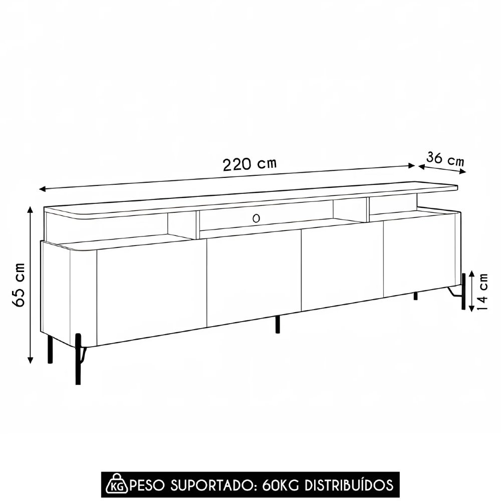 Rack TV 75 Pol 220cm Portas Lisas Blen Louro/Luna/Dourado I06 - Mpozenato