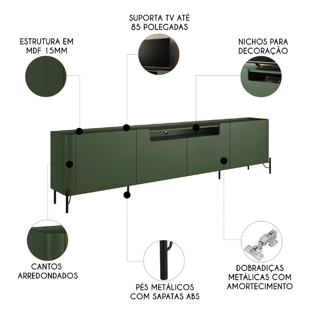 Rack TV 85 Pol 260cm 4 Portas Lisas Blen Musgo/Preto I06 - Mpozenato