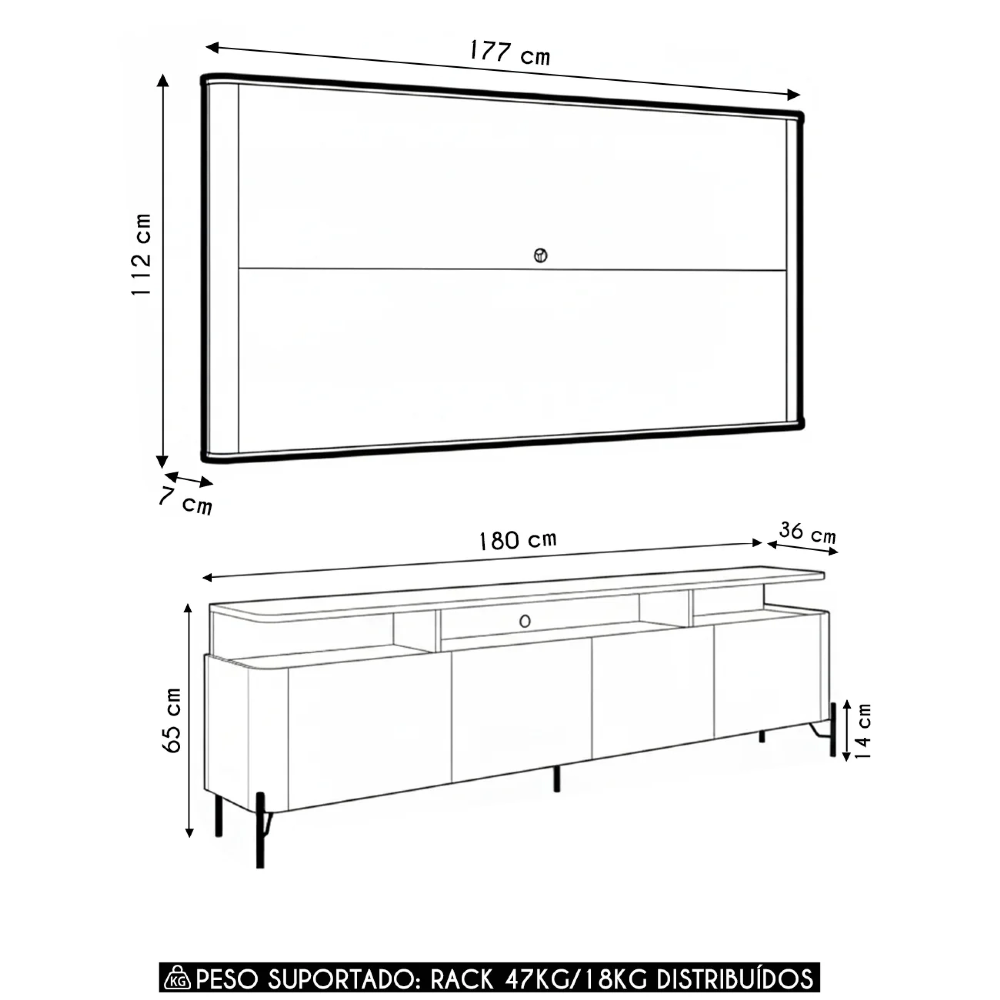 Painel TV 55 Pol e Rack Sala Porta Lisa Blen Louro/Luna/Preto I06 - Mpozenato