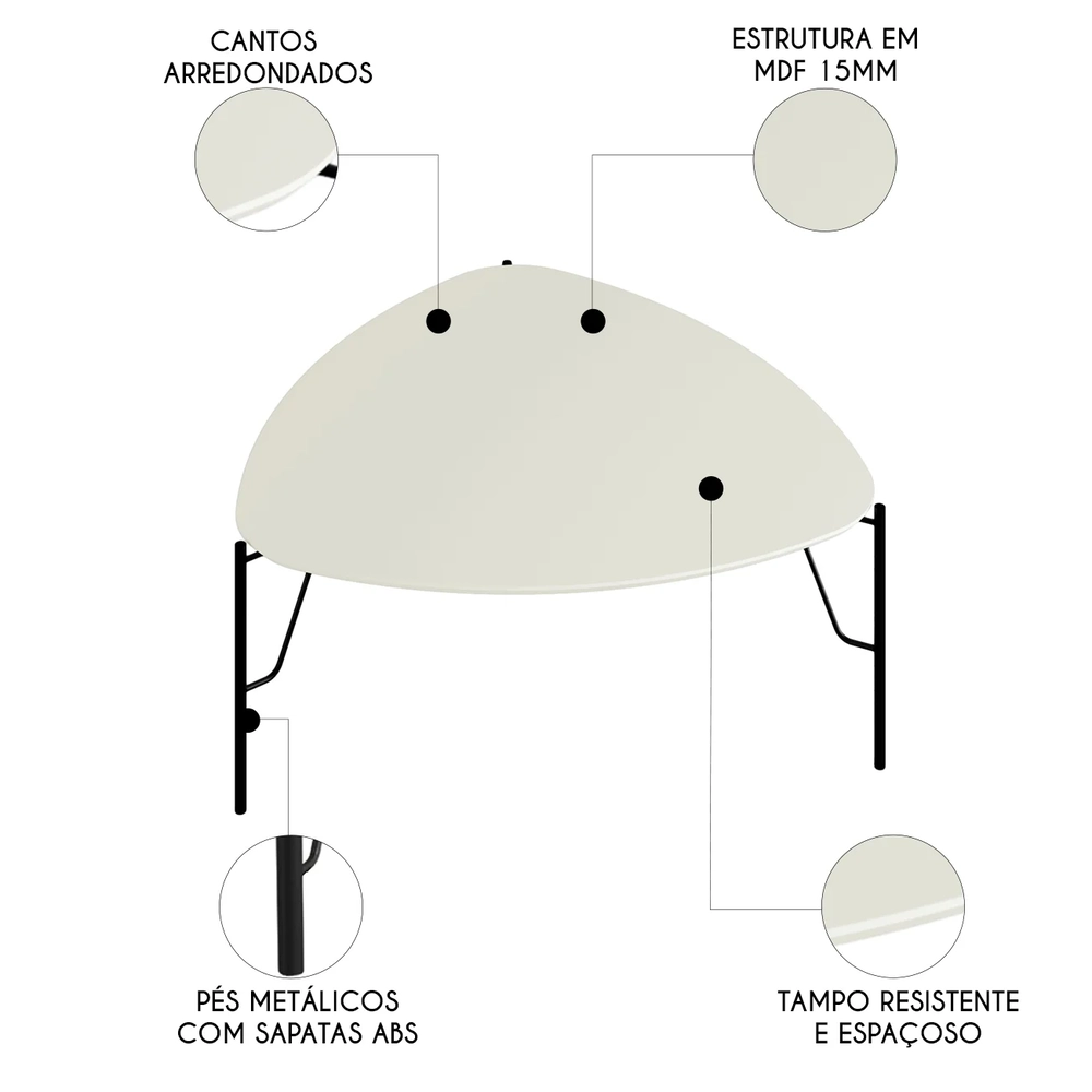 Mesa de Centro Alta Para Sala Pés Metálicos Blen Luna/Preto I06 - Mpozenato
