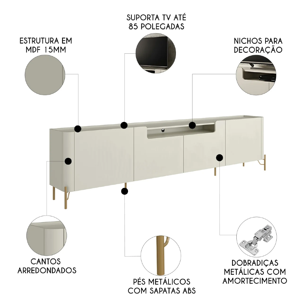Rack TV 85 Pol 260cm 4 Portas Lisas Blen Luna/Dourado I06 - Mpozenato