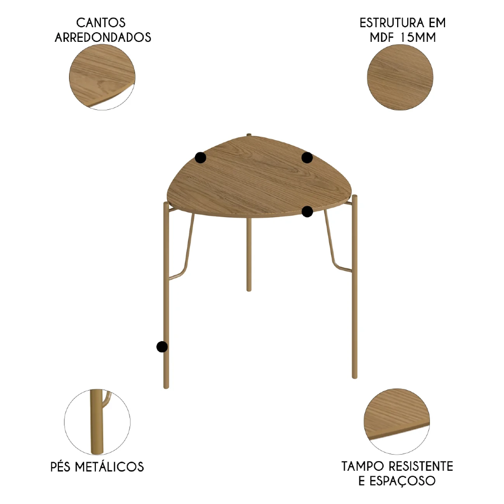 Mesa Lateral Baixa Para Sala Pés Metálicos Blen Louro/Dourado I06 - Mpozenato