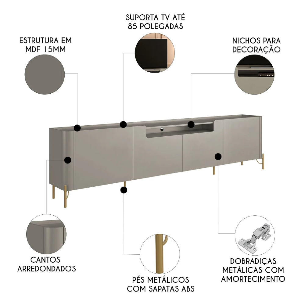 Rack TV 85 Pol 260cm 4 Portas Lisas Blen Grigio/Dourado I06 - Mpozenato