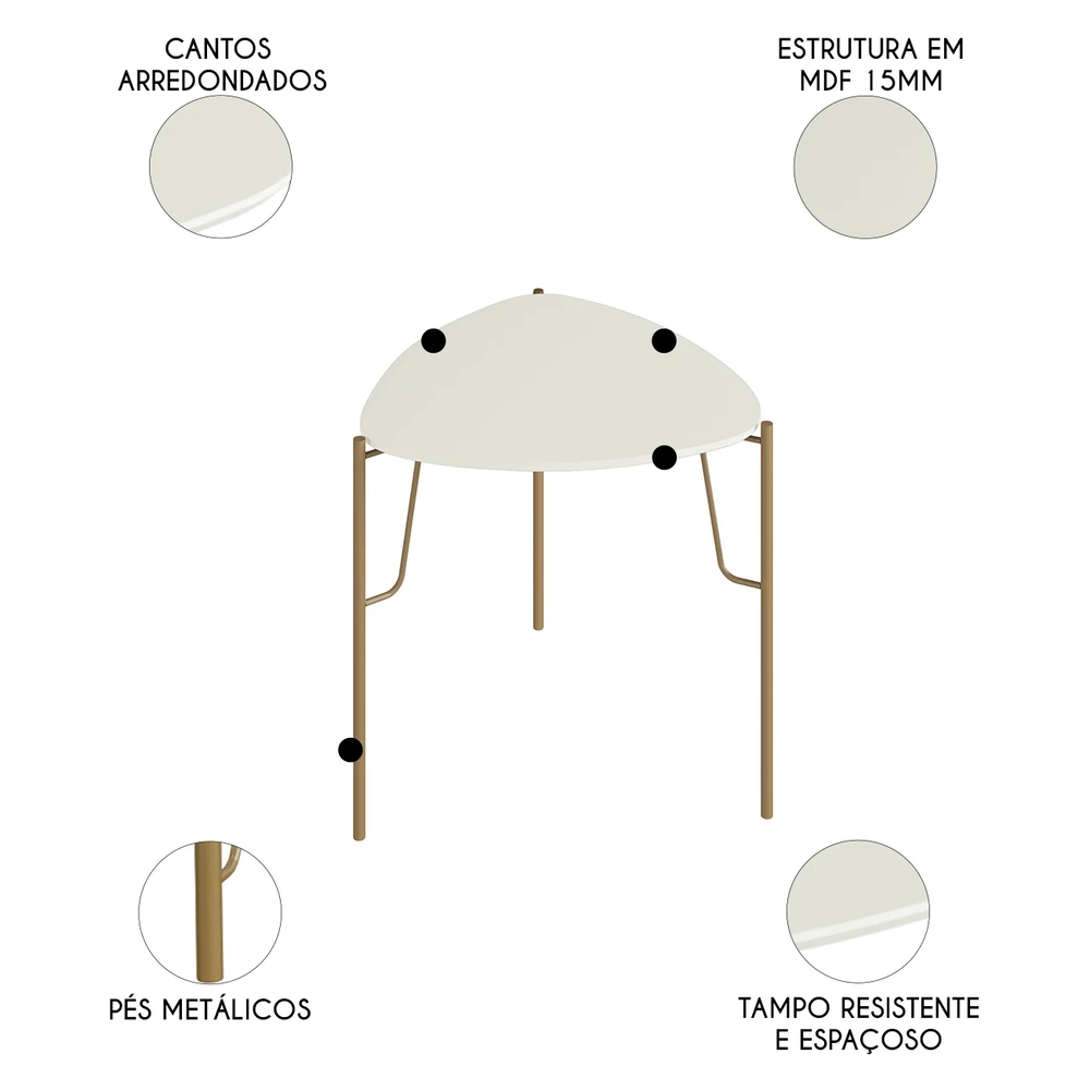 Mesa Lateral Para Sala Pés Metálicos Kit 2 Blen Luna/Dourado I06 - Mpozenato