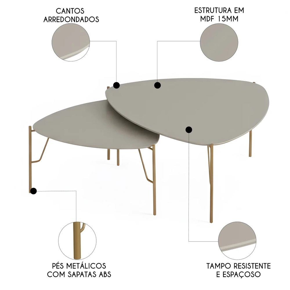 Mesa de Centro Para Sala Pés Metálicos Kit 2 Blen Grigio/Dourado I06 - Mpozenato