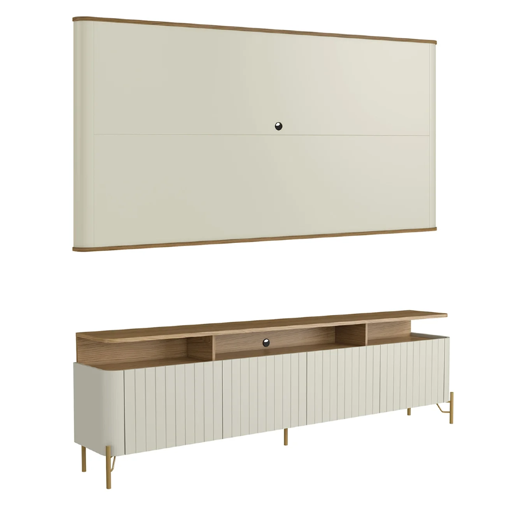 Painel TV 75 Pol e Rack Sala Porta Brise Blen Louro/Luna/Dourado I06 - Mpozenato