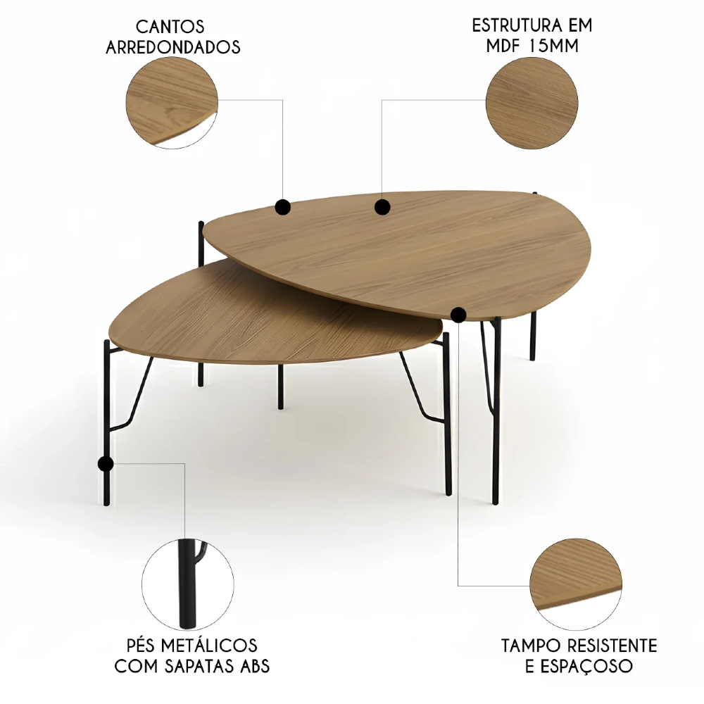 Mesa de Centro Para Sala Pés Metálicos Kit 2 Blen Louro/Preto I06 - Mpozenato