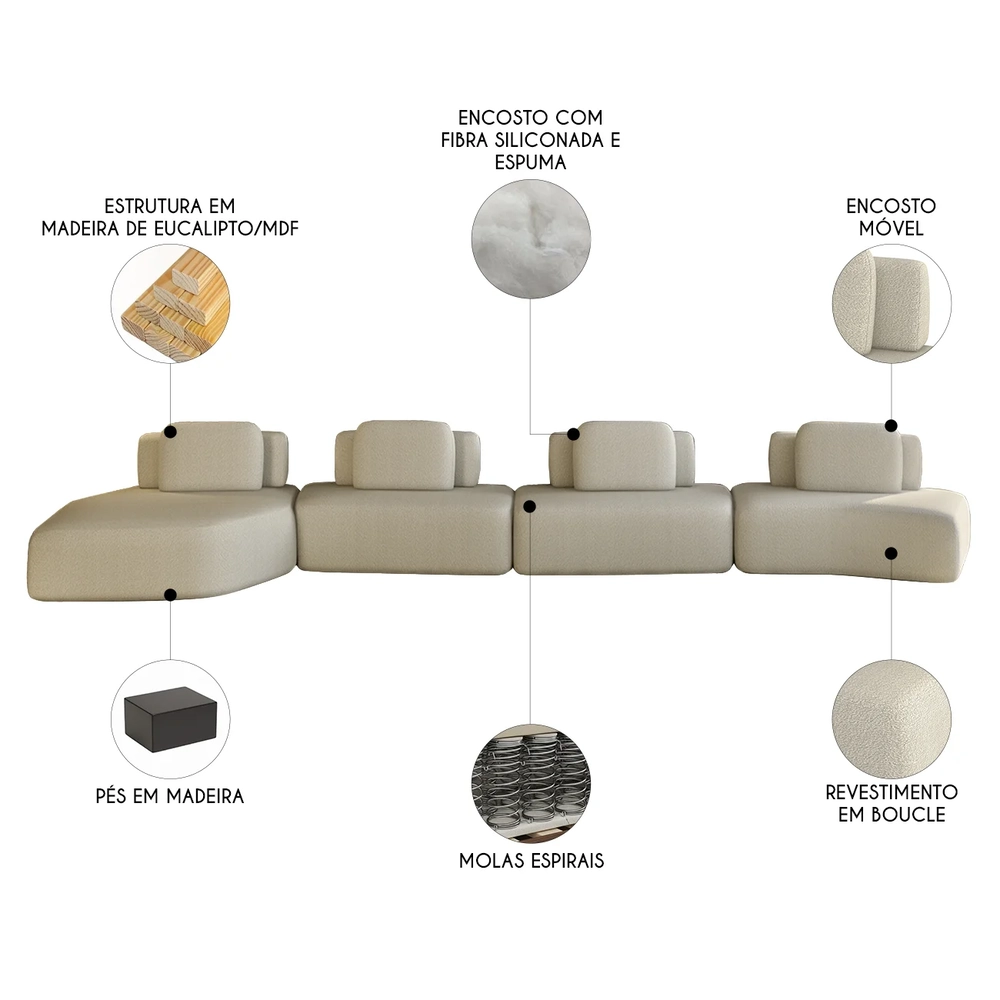 Sofá Ilha Com Chaise 589cm Living Moby Boucle Creme Z08 - Mpozenato