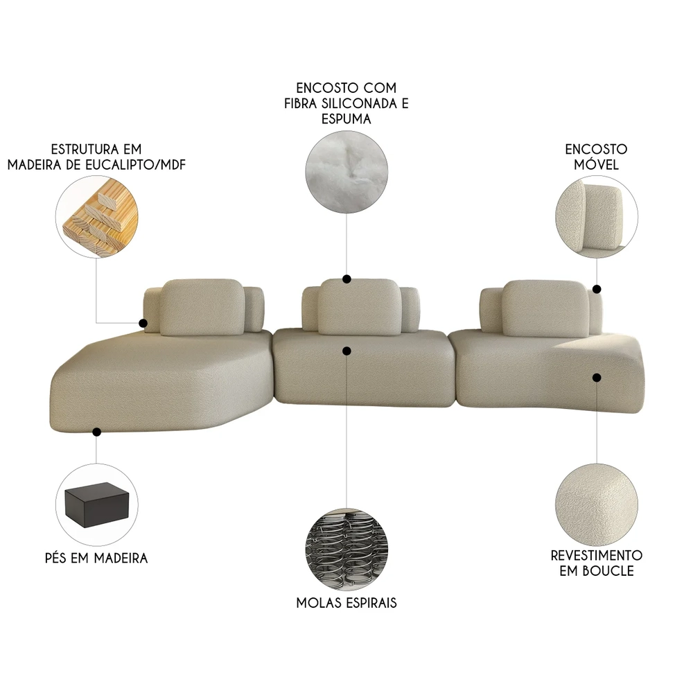 Sofá Ilha Com Chaise 449cm Living Moby Boucle Creme Z08 - Mpozenato