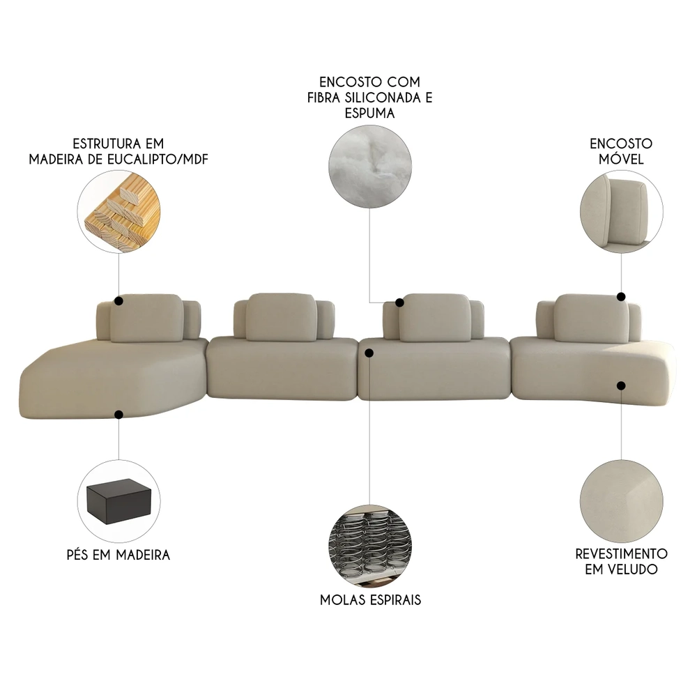 Sofá Ilha Com Chaise 589cm Living Moby Veludo Bege - Mpozenato