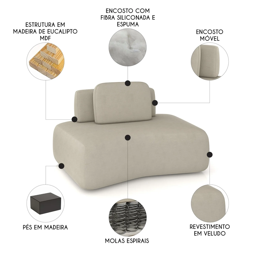 Sofá Modular 174cm Living Sala de Estar Moby Veludo Bege Z08 - Mpozenato