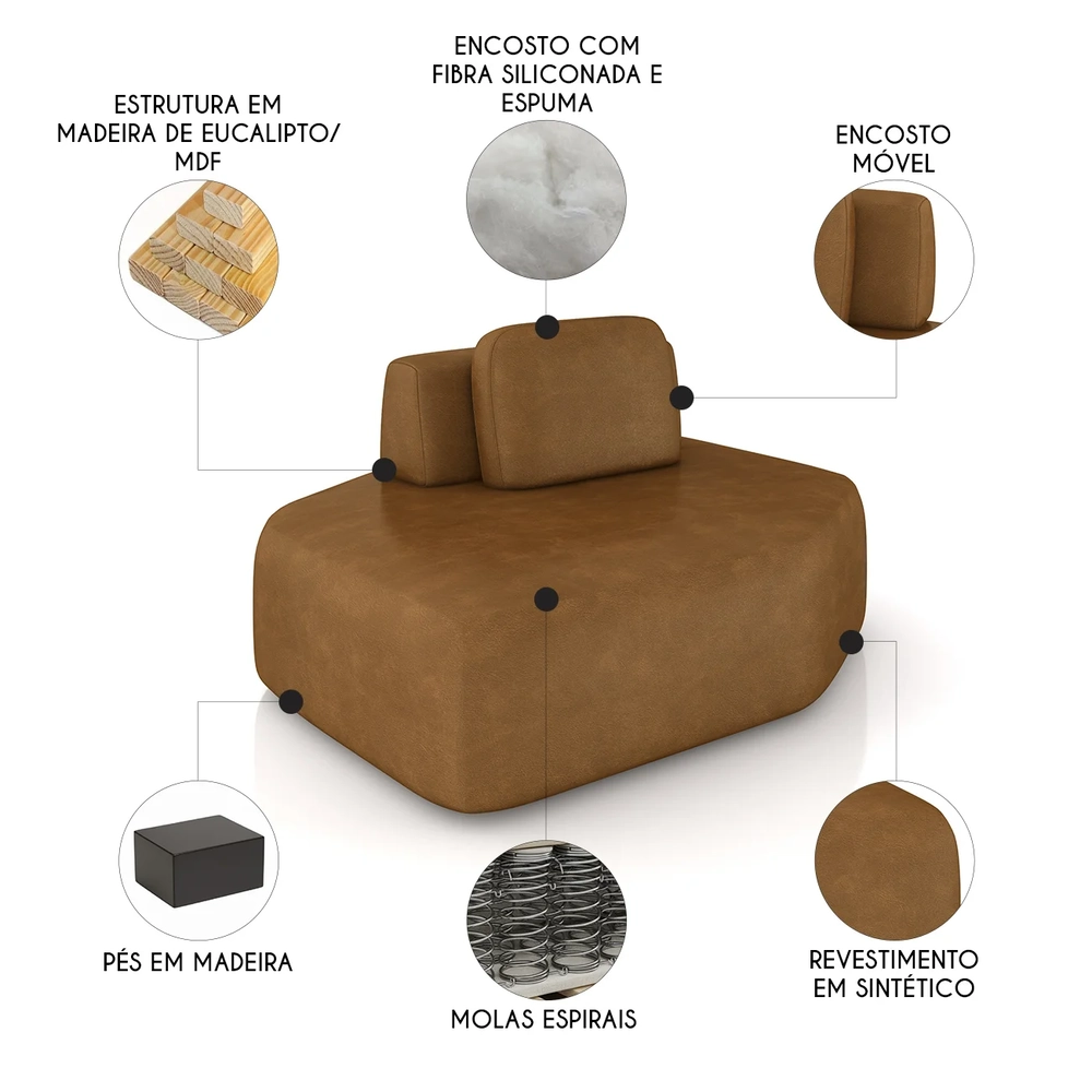 Sofá Chaise Modular 135cm Sala de Estar Moby Sintético Caramelo Z08 - Mpozenato