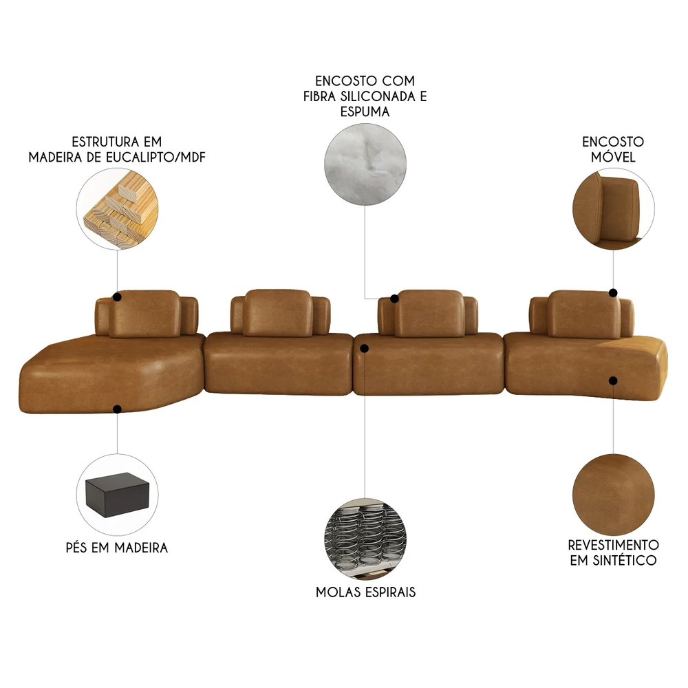 Sofá Ilha Com Chaise 589cm Living Moby Sintético Caramelo Z08 - Mpozenato