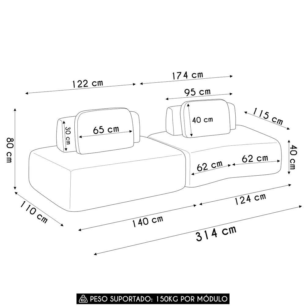 Sofá Ilha 314cm 2 Módulos Sala de Estar Moby Veludo Bege - Mpozenato