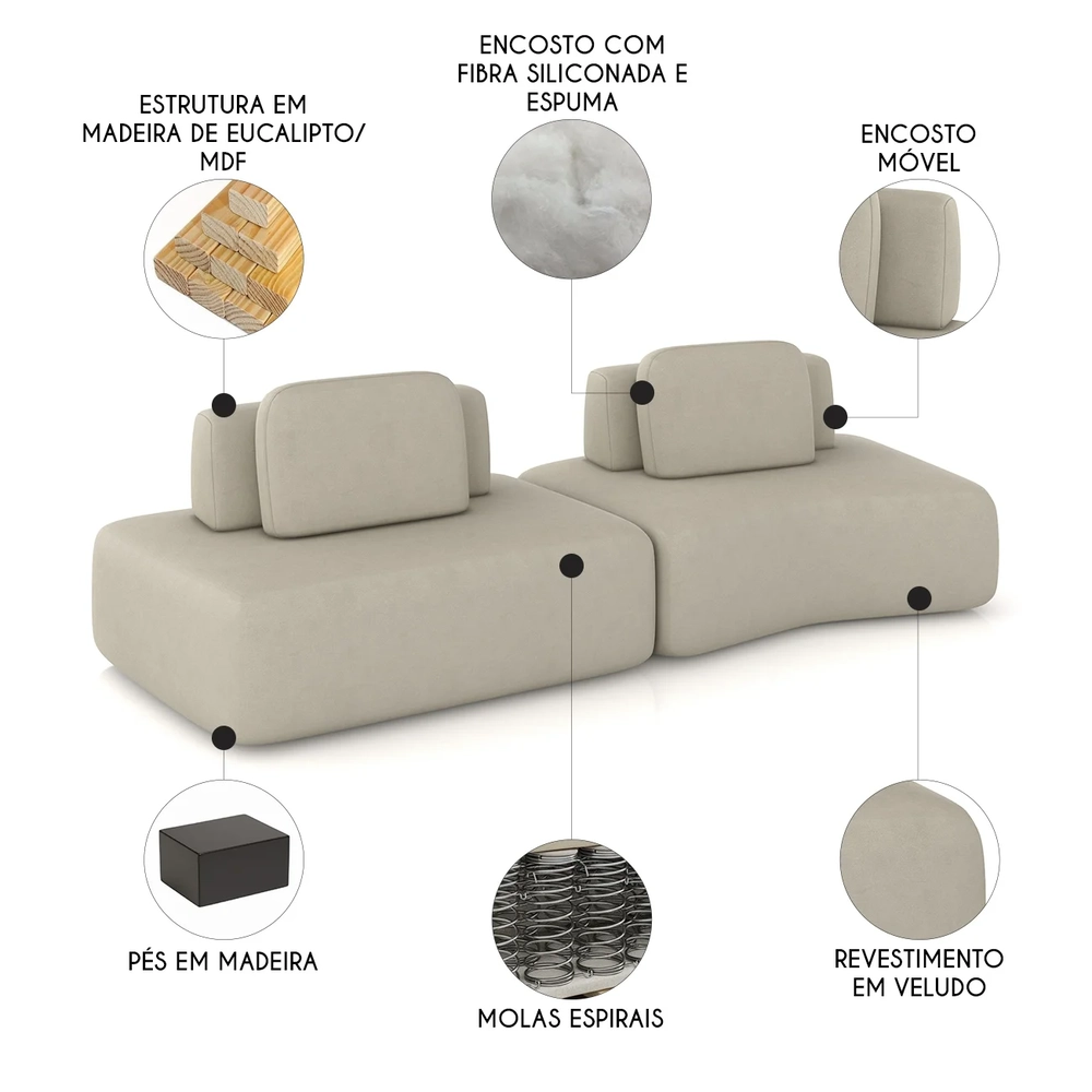 Sofá Ilha 314cm 2 Módulos Sala de Estar Moby Veludo Bege - Mpozenato