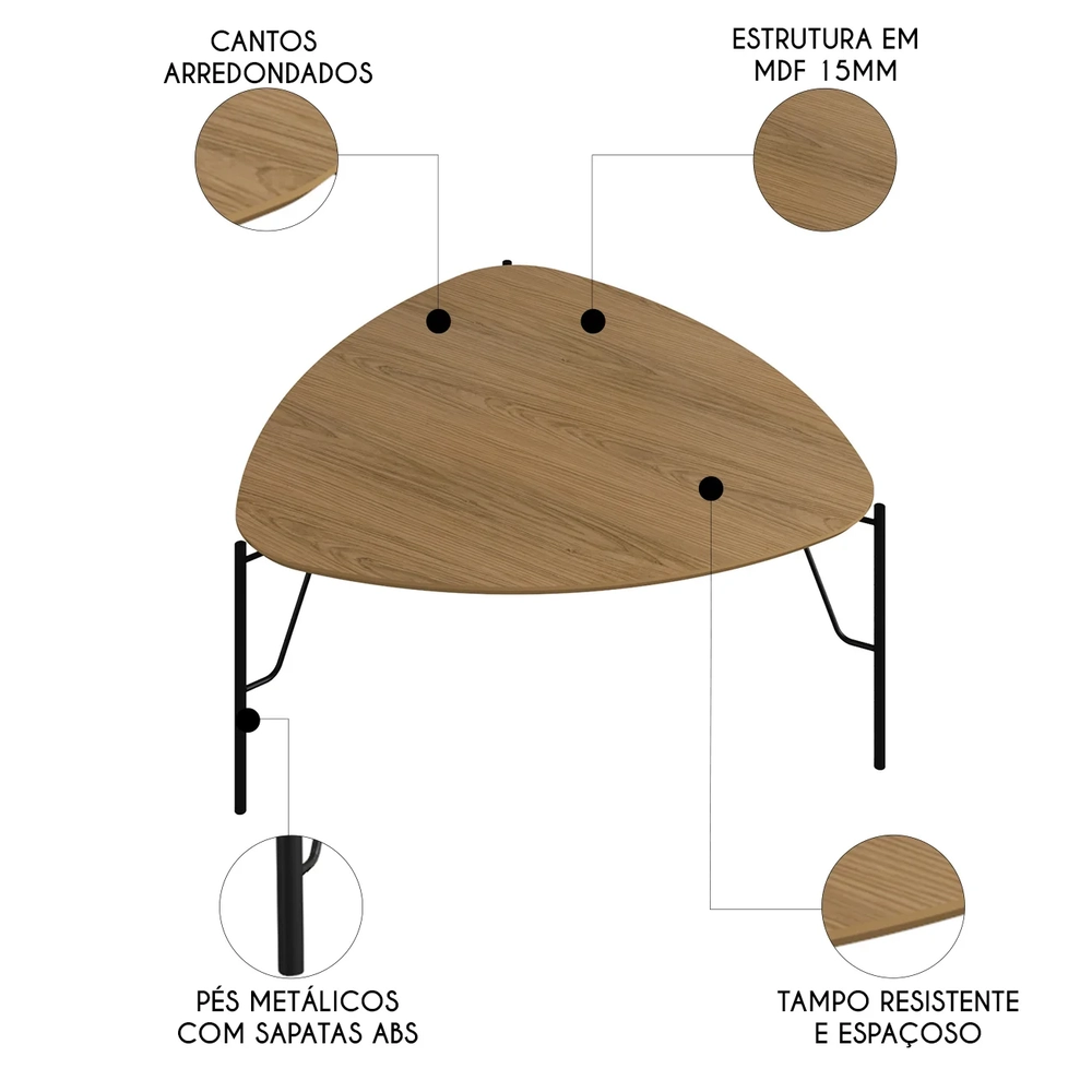 Mesa de Centro Alta Para Sala Pés Metálicos Blen Louro/Preto I06 - Mpozenato