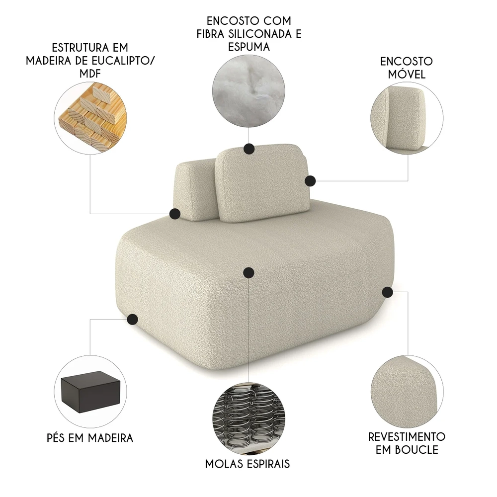 Sofá Chaise Modular 135cm Sala de Estar Moby Boucle Creme Z08 - Mpozenato