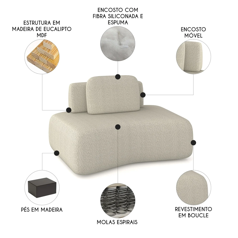 Sofá Modular 174cm Living Sala de Estar Moby Boucle Creme Z08 - Mpozenato