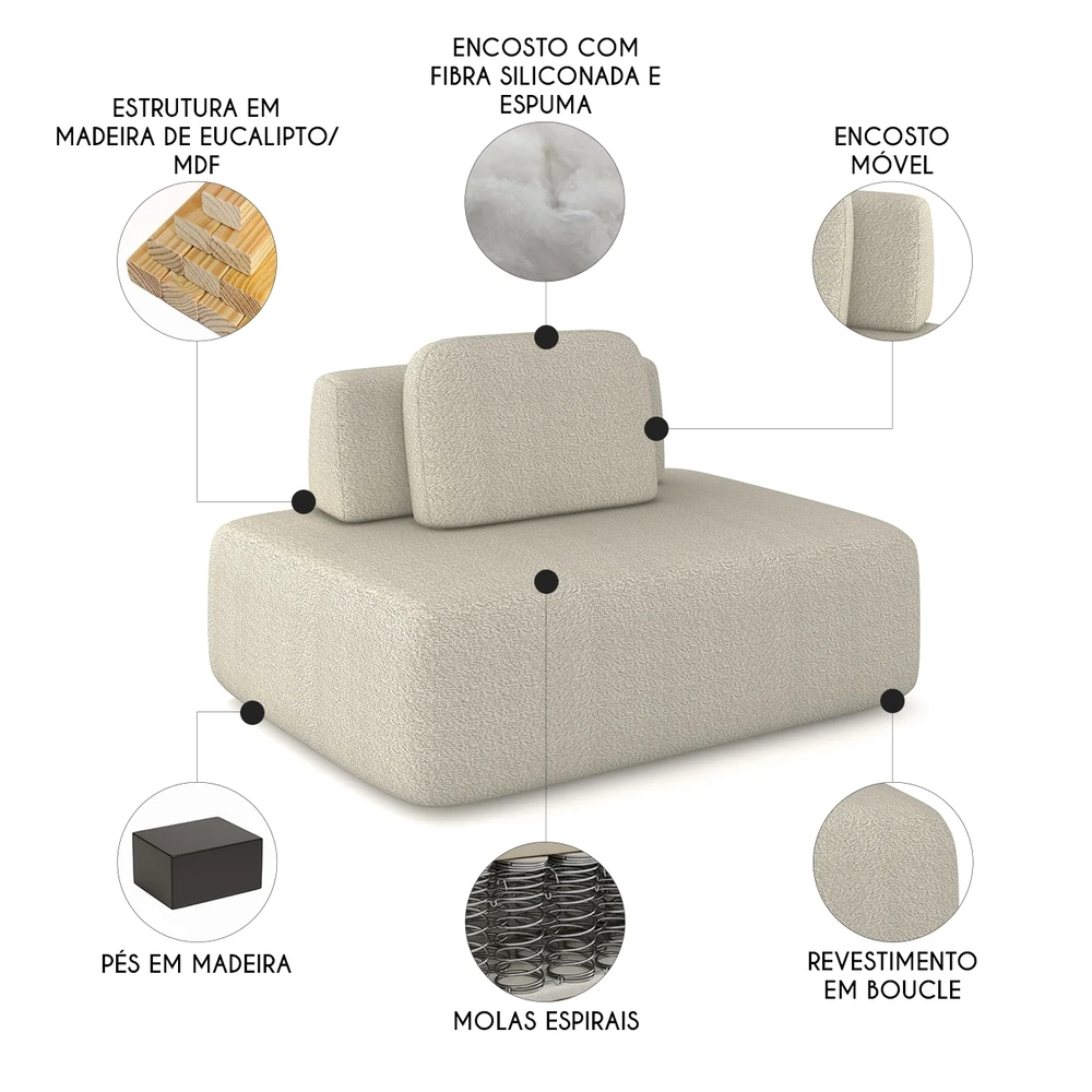 Sofá Modular 140cm Living Sala de Estar Moby Boucle Creme Z08 - Mpozenato