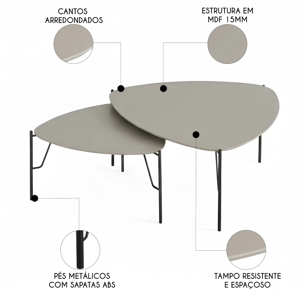 Mesa de Centro Para Sala Pés Metálicos Kit 2 Blen Grigio/Preto I06 - Mpozenato