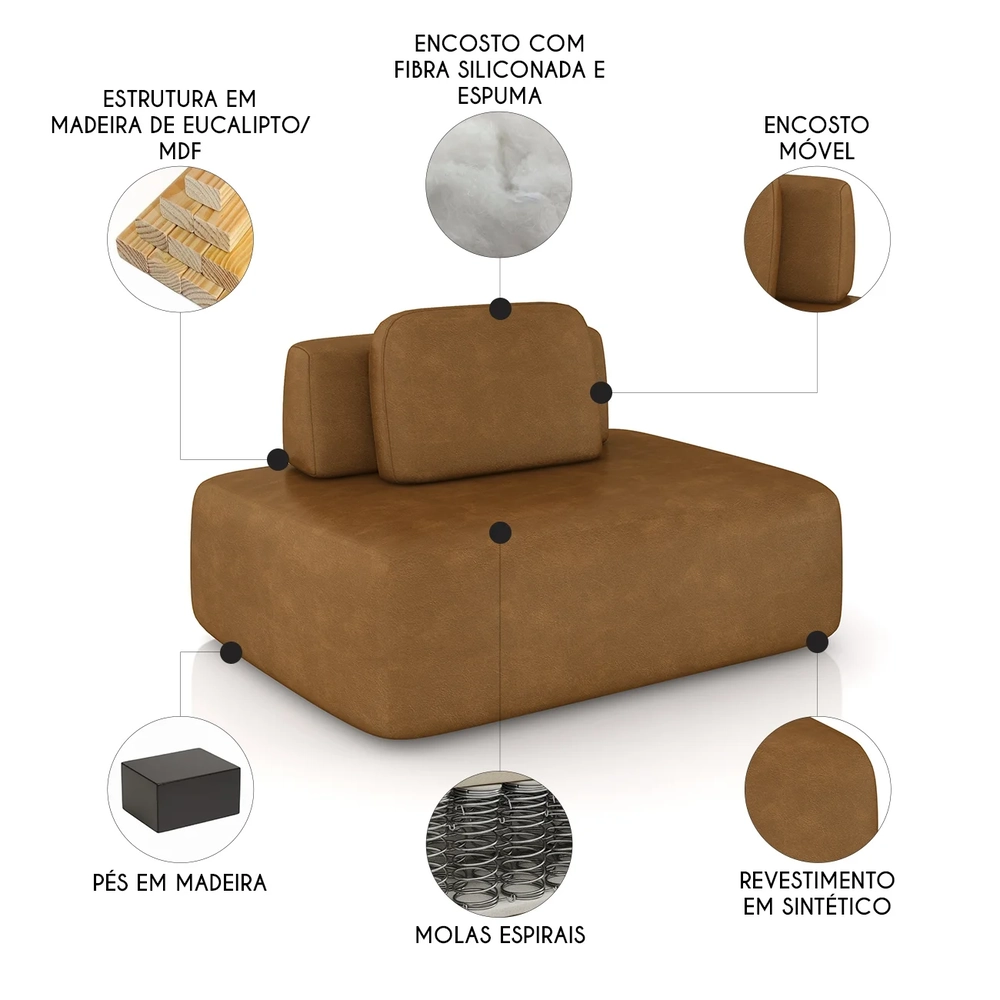 Sofá Modular 140cm Living Sala de Estar Moby Sintético Caramelo Z08 - Mpozenato
