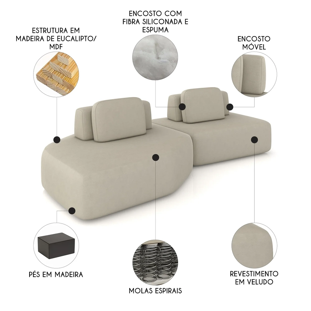Sofá Ilha 275cm 2 Módulos Sala de Estar Moby Veludo Bege - Mpozenato
