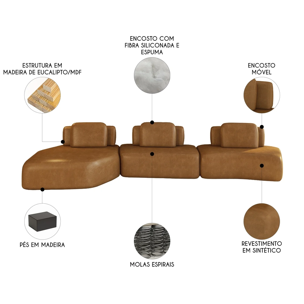 Sofá Ilha Com Chaise 449cm Living Moby Sintético Caramelo Z08 - Mpozenato