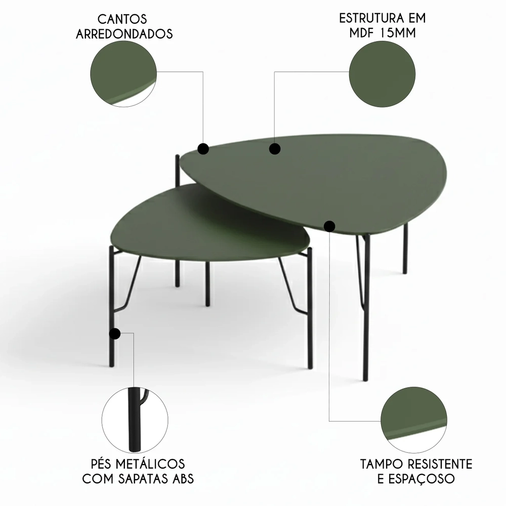 Mesa de Centro Para Sala Pés Metálicos Kit 2 Blen Musgo/Preto I06 - Mpozenato