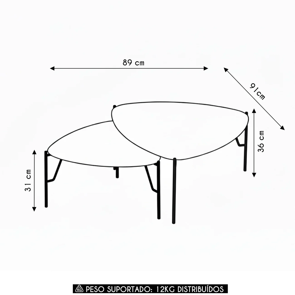 Mesa de Centro Para Sala Pés Metálicos Kit 2 Blen Musgo/Preto I06 - Mpozenato