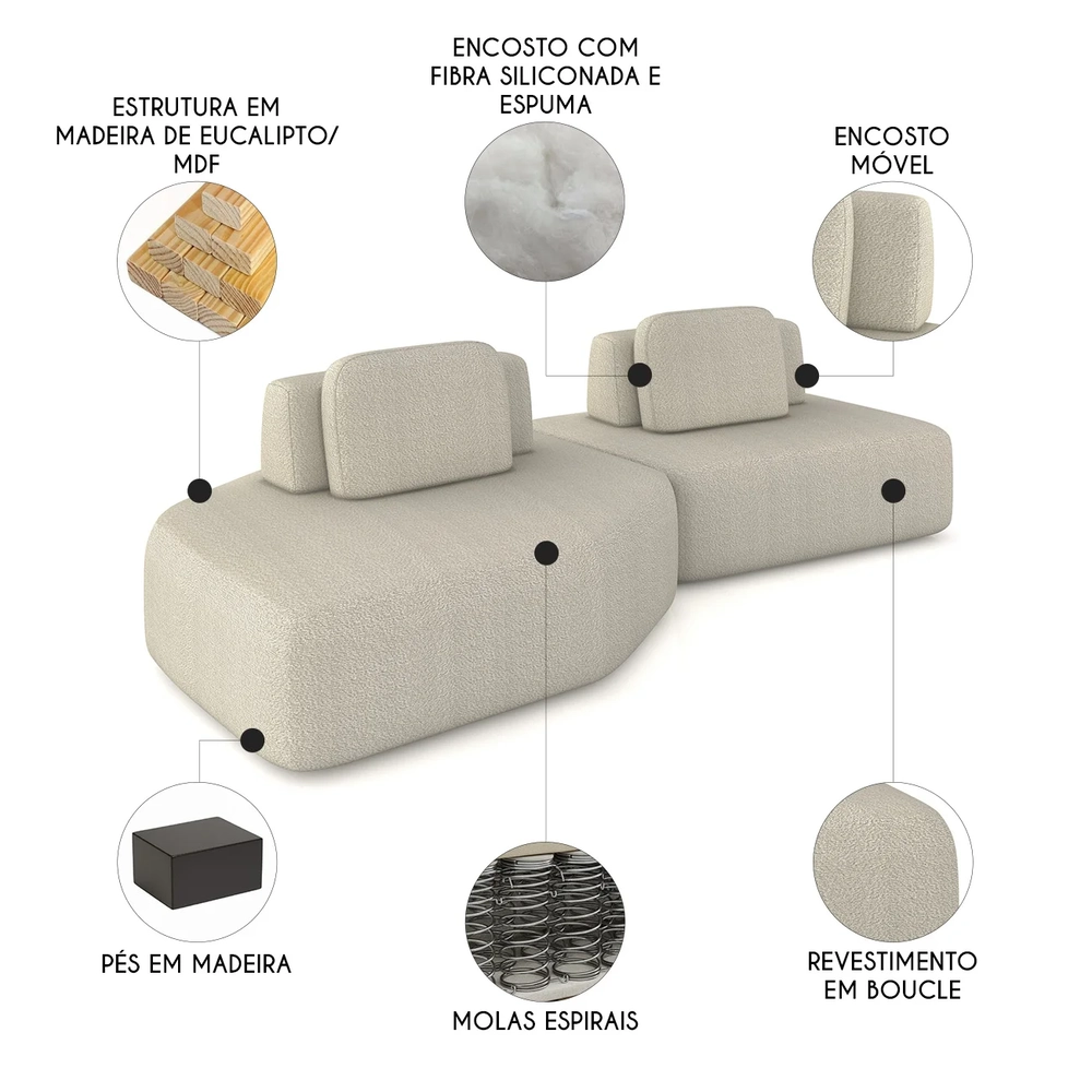 Sofá Ilha 275cm 2 Módulos Sala de Estar Moby Boucle Creme Z08 - Mpozenato