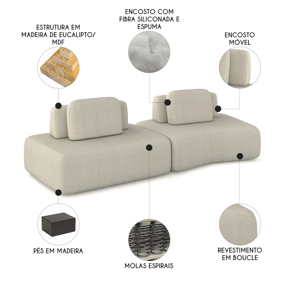 Sofá Ilha 314cm 2 Módulos Sala de Estar Moby Boucle Creme Z08 - Mpozenato