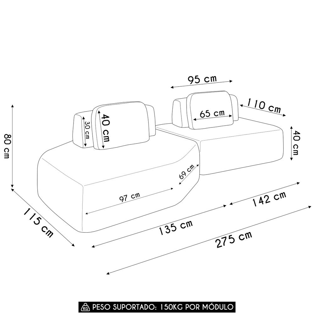 Sofá Ilha 275cm 2 Módulos Sala de Estar Moby Sintético Caramelo Z08 - Mpozenato
