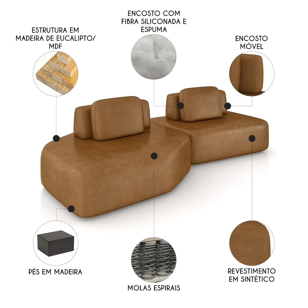 Sofá Ilha 275cm 2 Módulos Sala de Estar Moby Sintético Caramelo Z08 - Mpozenato
