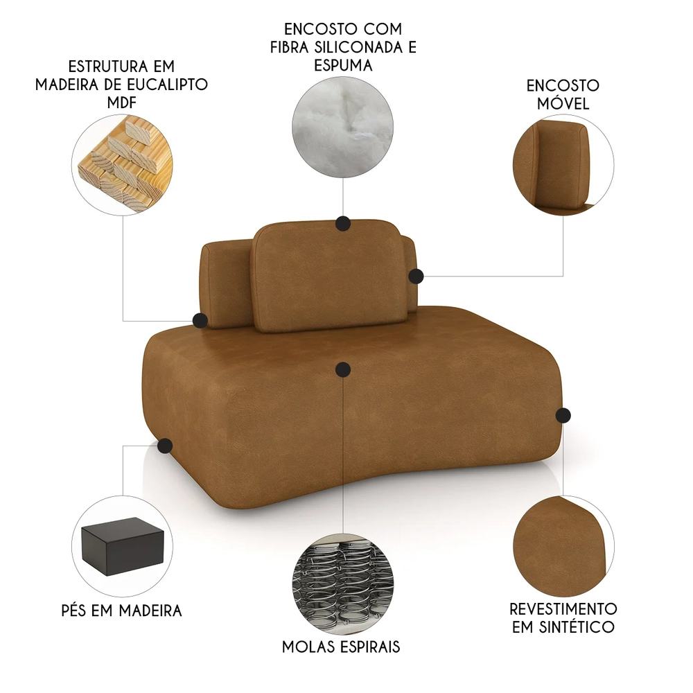 Sofá Modular 174cm Living Sala de Estar Moby Sintético Caramelo Z08 - Mpozenato