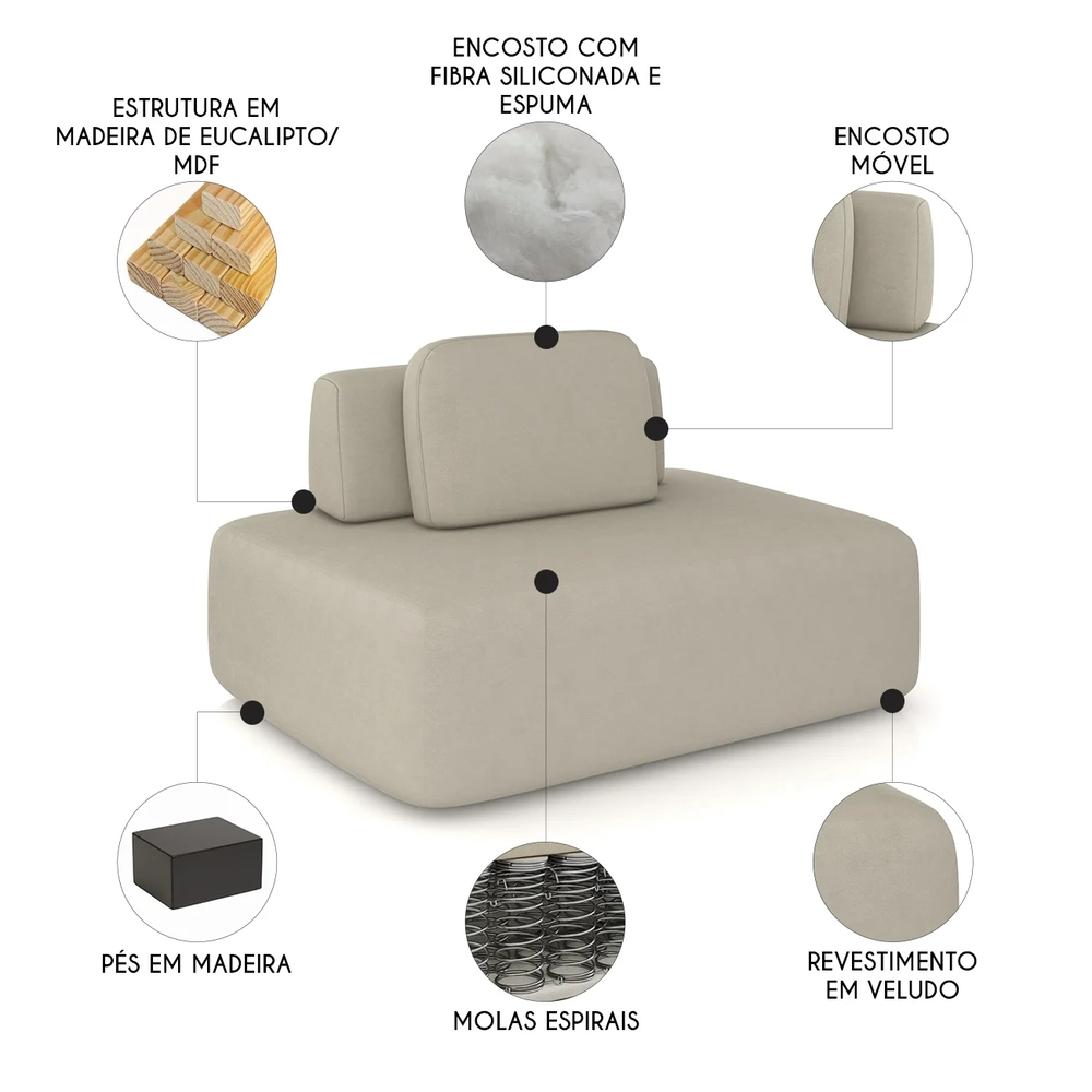 Sofá Modular 140cm Living Sala de Estar Moby Veludo Bege Z08 - Mpozenato